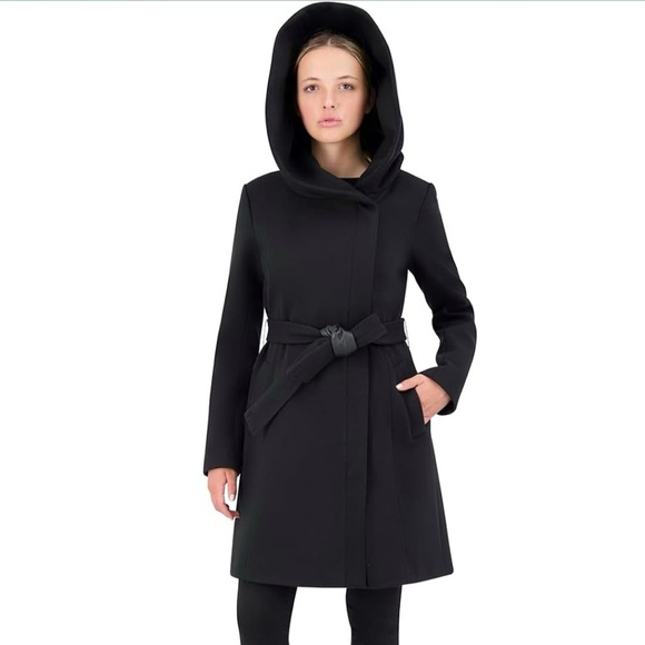 Cole Haan Wool Blend Hooded Coat Oversized Collar Removable Belt Black 6 - Picture 1 of 15